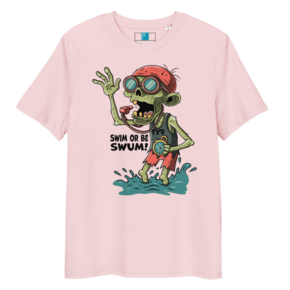 Pink organic cotton funny Halloween swimming coach shirt with cartoon zombie coach holding stopwatch and whistle, text reads ‘Swim or Be Swum!’"