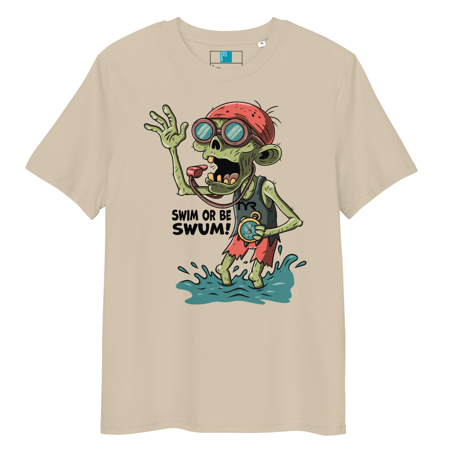 Beige organic cotton funny Halloween swimming coach shirt with cartoon zombie coach holding stopwatch and whistle, text reads ‘Swim or Be Swum!’"