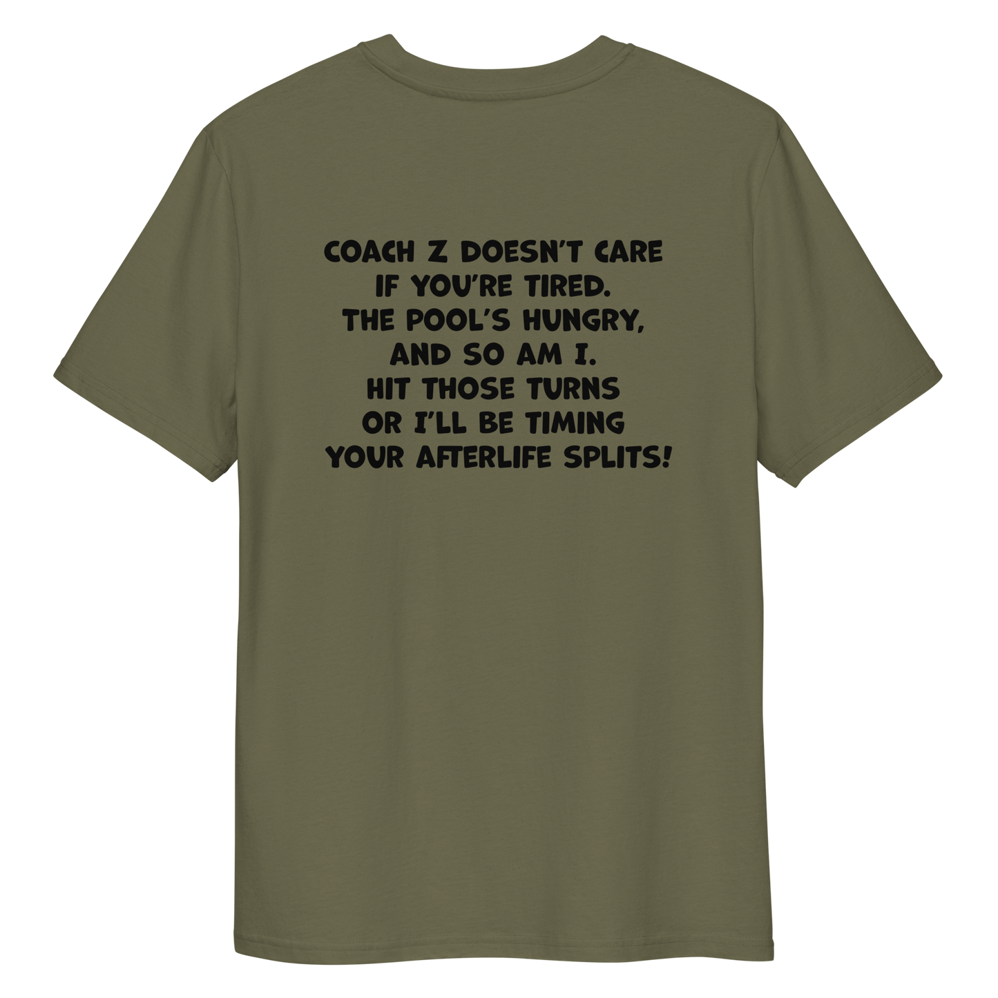 Khaki funny Halloween swimming coach shirt with humorous text on a white background