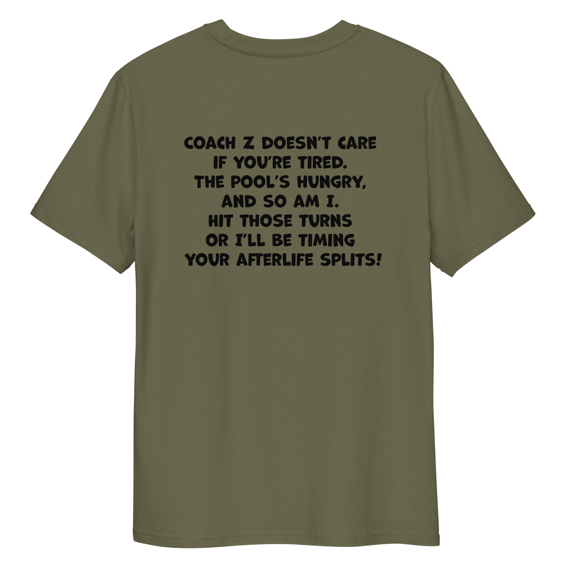 Khaki funny Halloween swimming coach shirt with humorous text on a white background