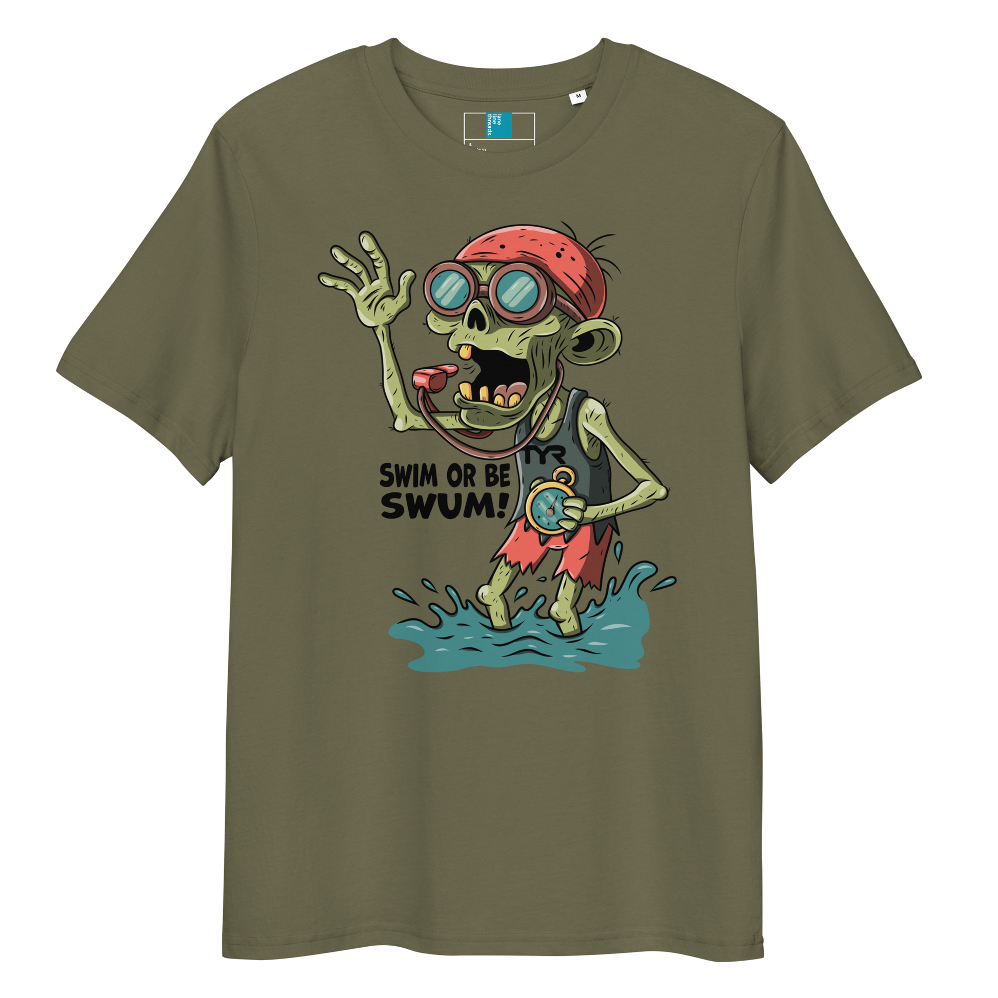 Khaki organic cotton funny Halloween swimming coach shirt with cartoon zombie coach holding stopwatch and whistle, text reads ‘Swim or Be Swum!’"