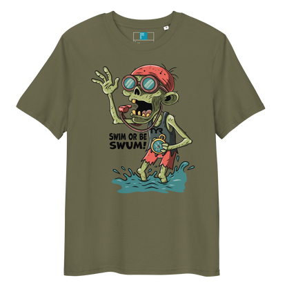 Khaki organic cotton funny Halloween swimming coach shirt with cartoon zombie coach holding stopwatch and whistle, text reads ‘Swim or Be Swum!’"