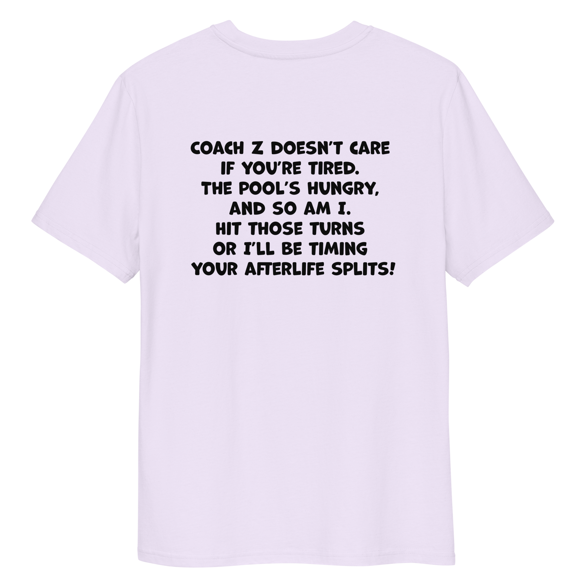 Lavender funny Halloween swimming coach shirt with black text on a white background
