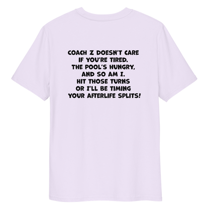 Lavender funny Halloween swimming coach shirt with black text on a white background