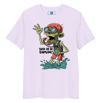 Lavender organic cotton funny Halloween swimming coach shirt with cartoon zombie coach holding stopwatch and whistle, text reads ‘Swim or Be Swum!’"
