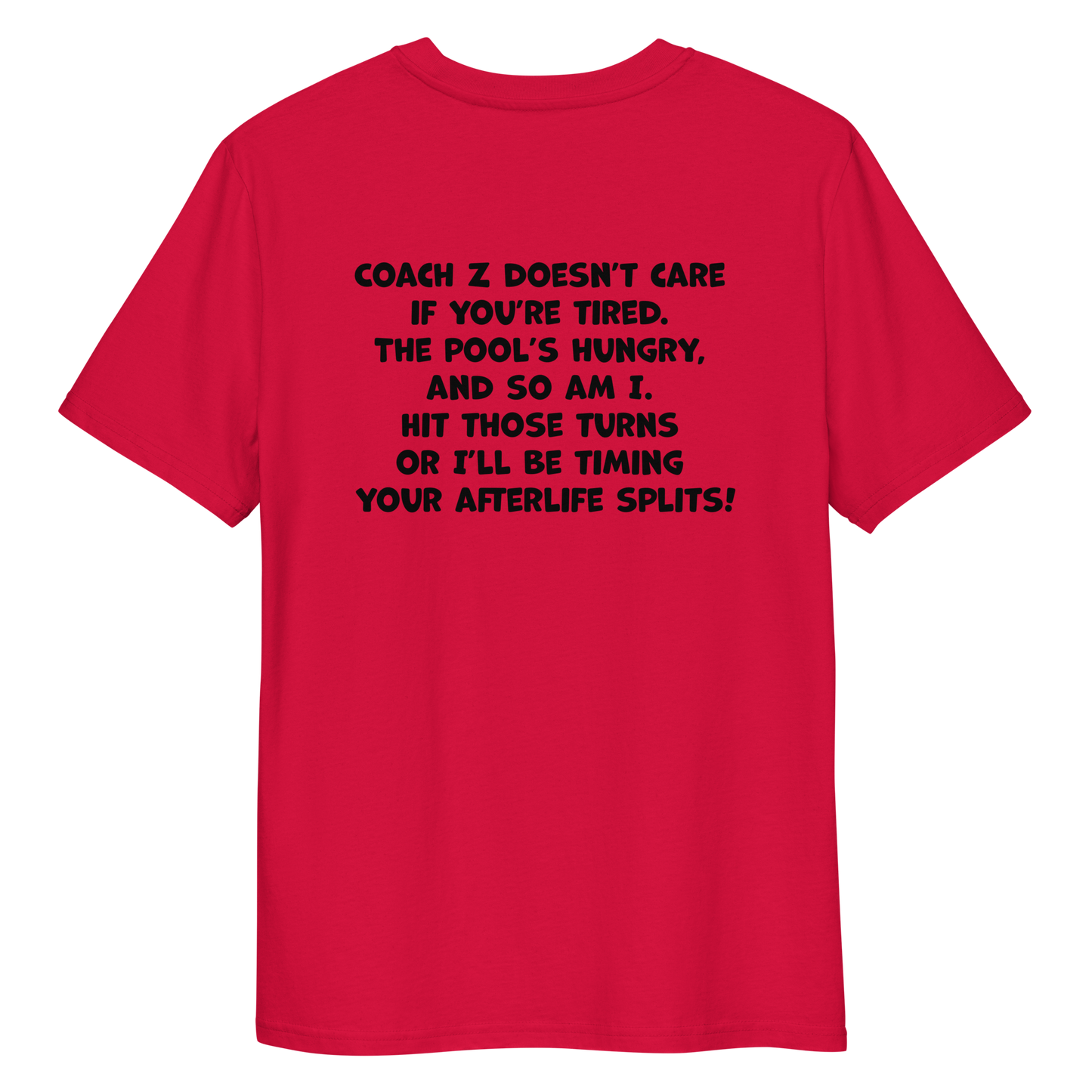 Red funny Halloween swimming coach shirt with black text on a white background