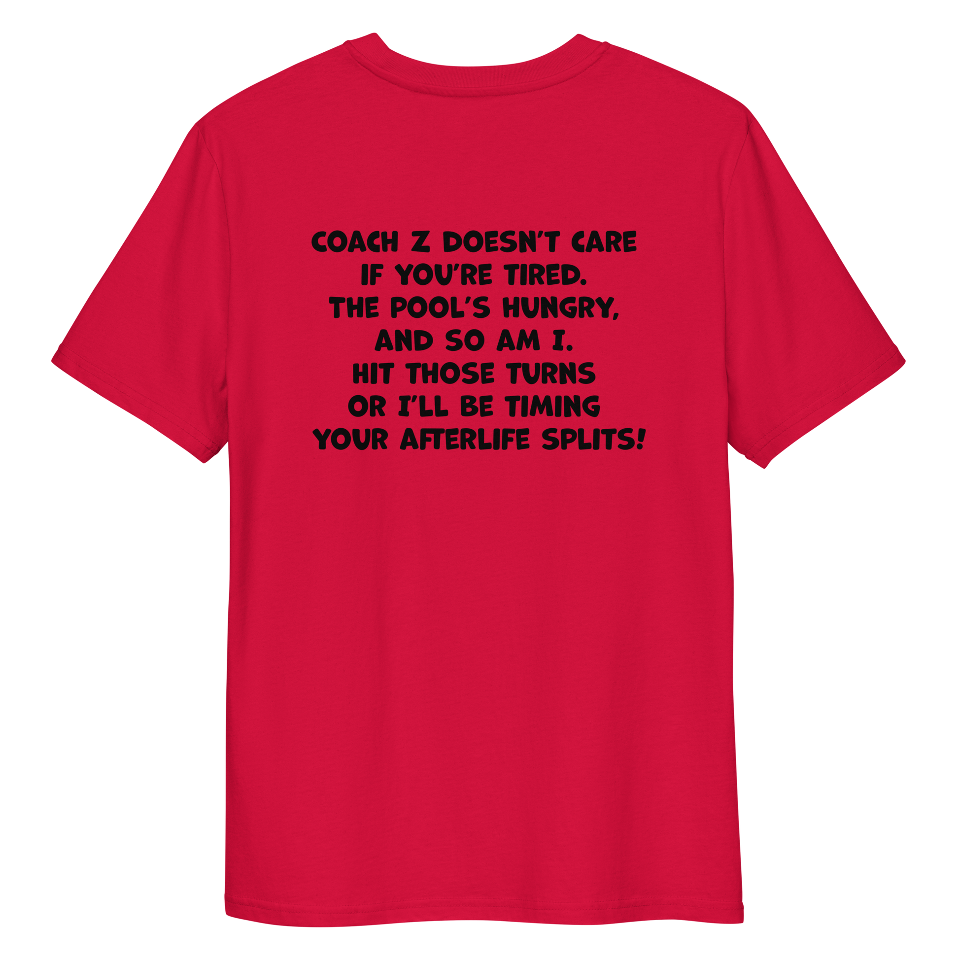 Red funny Halloween swimming coach shirt with black text on a white background