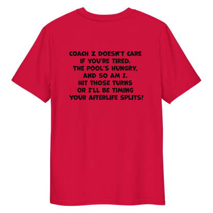 Red funny Halloween swimming coach shirt with black text on a white background