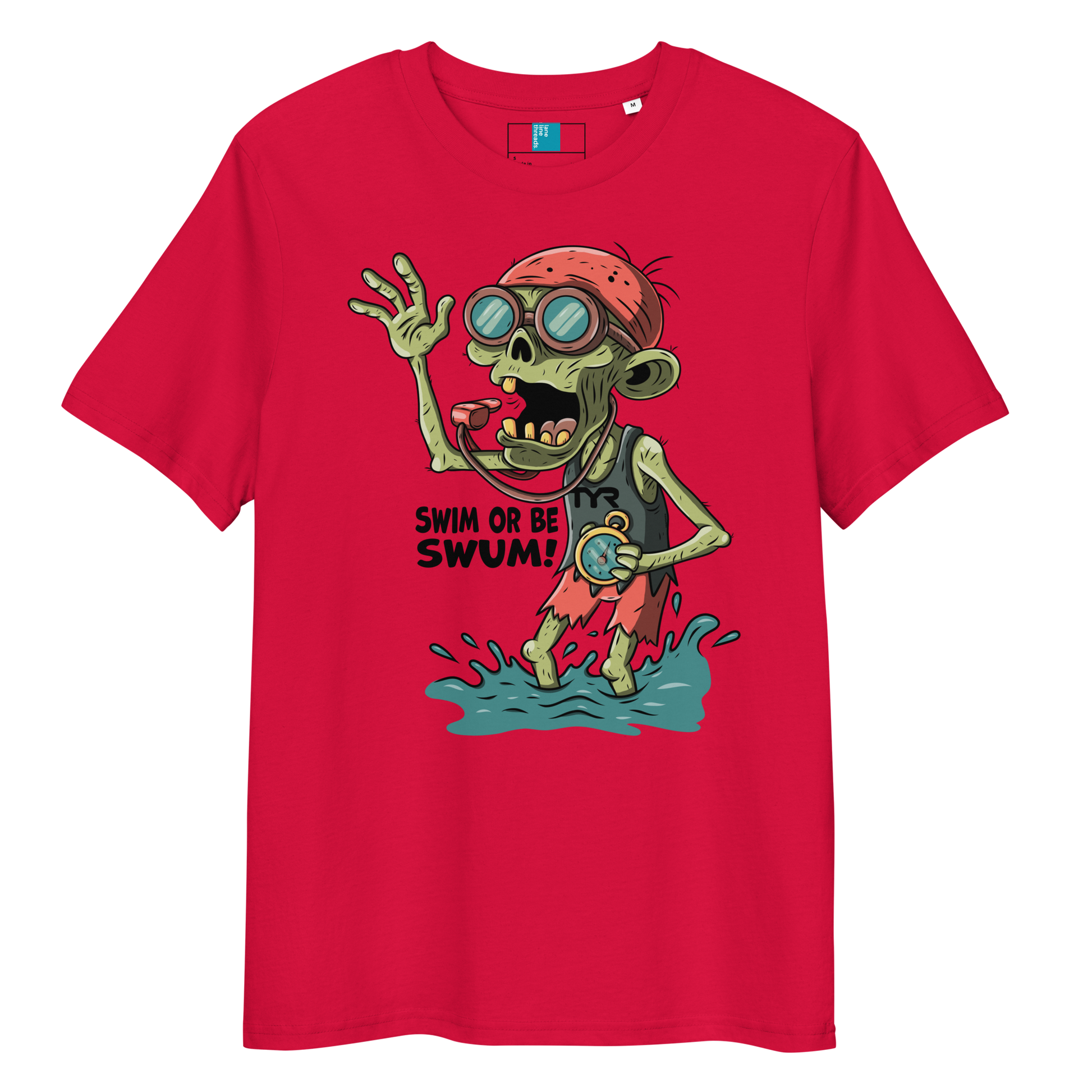 Red organic cotton funny Halloween swimming coach shirt with cartoon zombie coach holding stopwatch and whistle, text reads ‘Swim or Be Swum!’"
