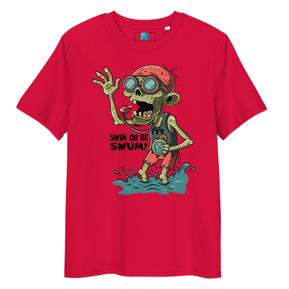 Red organic cotton funny Halloween swimming coach shirt with cartoon zombie coach holding stopwatch and whistle, text reads ‘Swim or Be Swum!’"