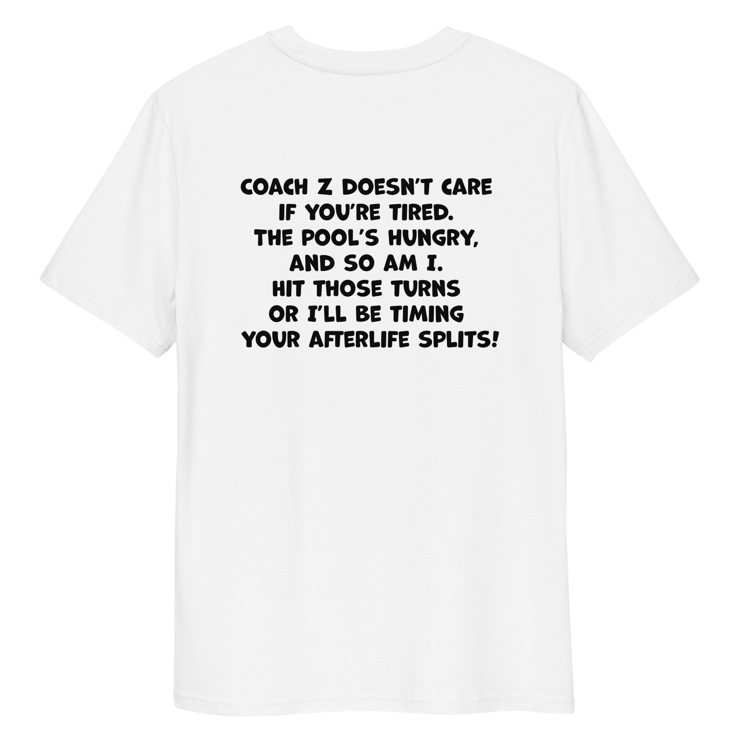 White funny Halloween swimming coach shirt with humorous black text on a white background