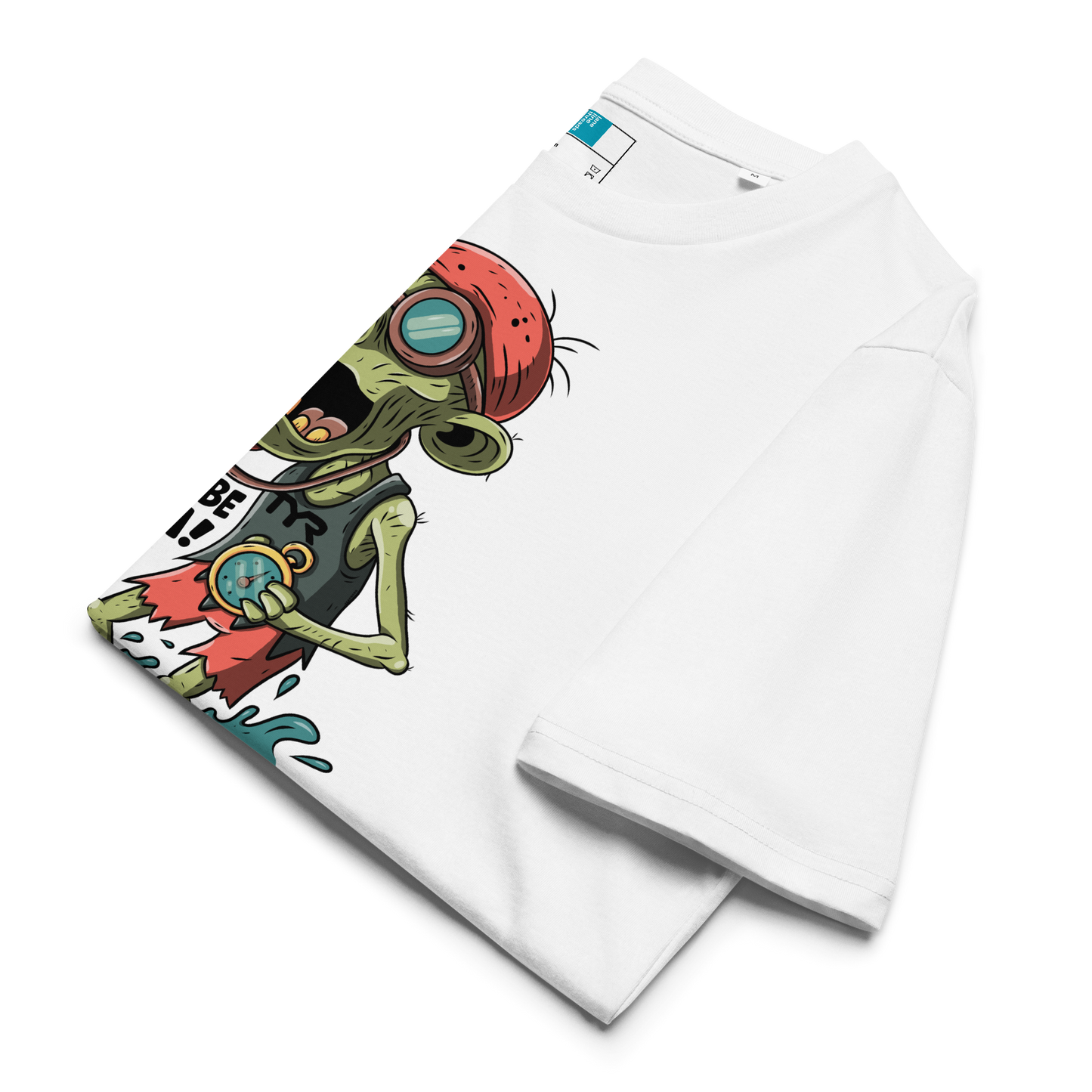 Folded white organic cotton funny Halloween swimming coach shirt with cartoon zombie coach holding stopwatch and whistle, text reads ‘Swim or Be Swum!’"