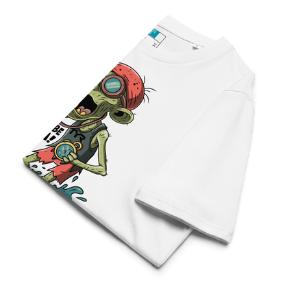 Folded white organic cotton funny Halloween swimming coach shirt with cartoon zombie coach holding stopwatch and whistle, text reads ‘Swim or Be Swum!’"