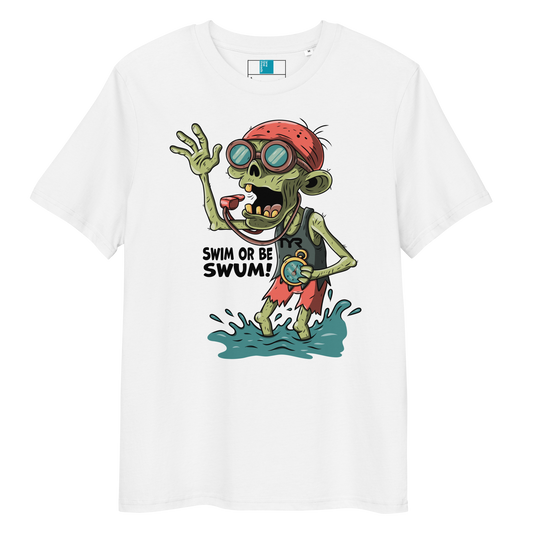 White organic cotton funny Halloween swimming coach shirt with cartoon zombie coach holding stopwatch and whistle, text reads ‘Swim or Be Swum!’"