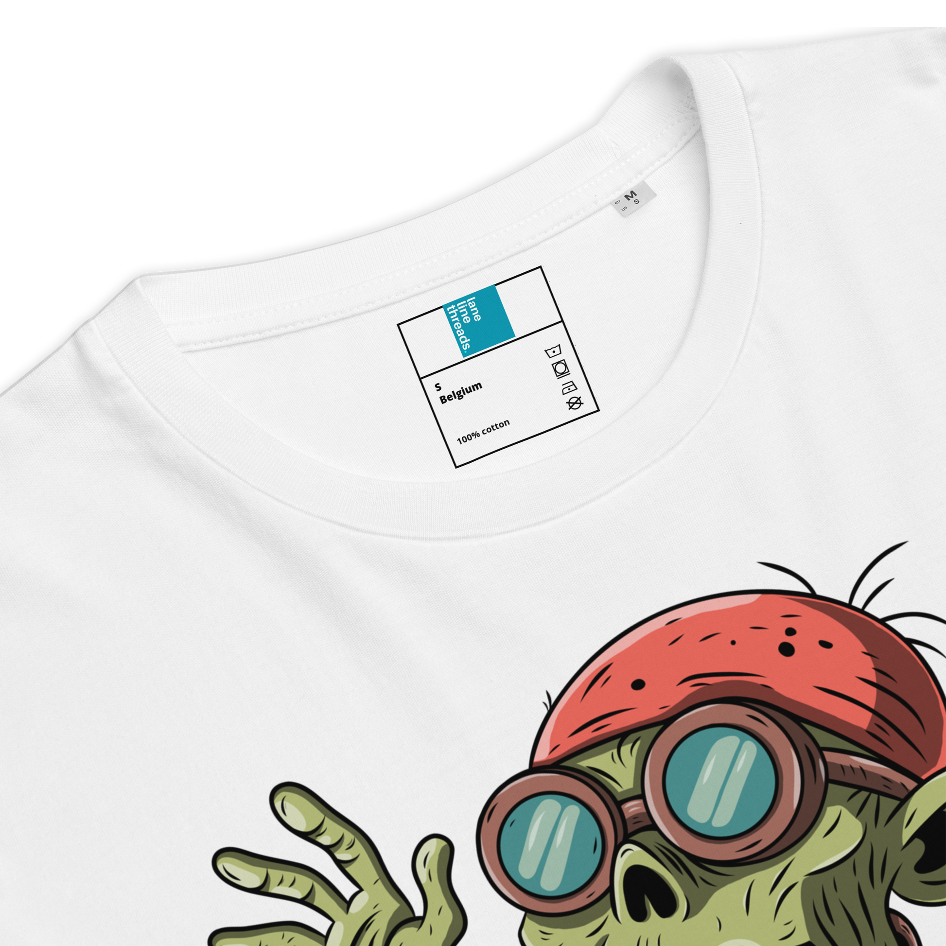 White funny Halloween swimming coach shirt with a cartoon zombie design wearing a red swimming cap and goggles, Lane Line Threads brand label visible.
