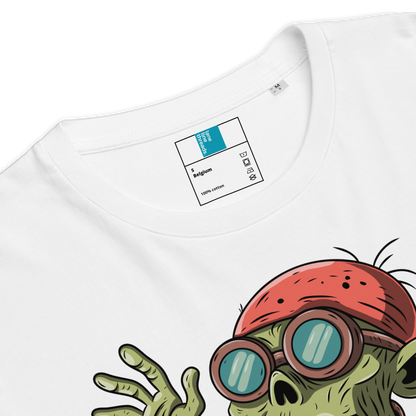 White funny Halloween swimming coach shirt with a cartoon zombie design wearing a red swimming cap and goggles, Lane Line Threads brand label visible.