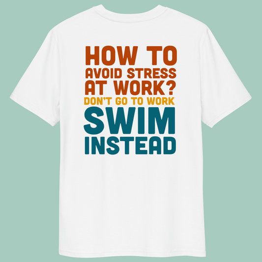 White organic post swim shirt with humorous text about swimming on a light green background