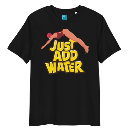 Black organic funny swim shirt with bold yellow “Just Add Water” text and diver graphic, eco-friendly funny shirt for swimmers and swim parents
