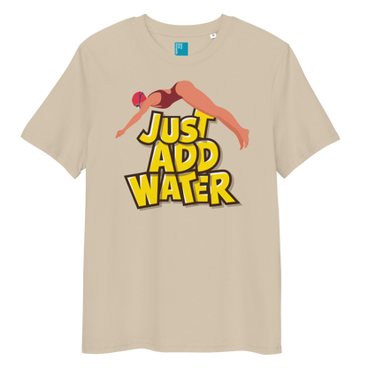 Beige organic funny swim shirt with bold yellow “Just Add Water” text and diver graphic, eco-friendly funny shirt for swimmers and swim parents