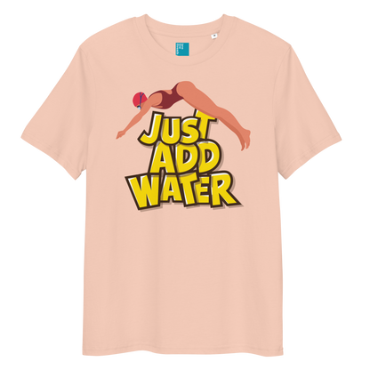 Peach organic funny swim shirt with bold yellow “Just Add Water” text and diver graphic, eco-friendly funny shirt for swimmers and swim parents
