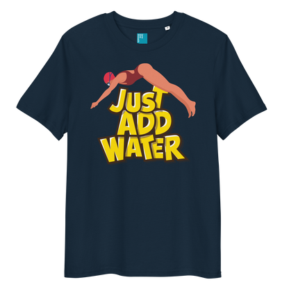 Navy organic funny swim shirt with bold yellow “Just Add Water” text and diver graphic, eco-friendly funny shirt for swimmers and swim parents