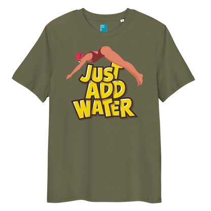 Olive organic funny swim shirt with bold yellow “Just Add Water” text and diver graphic, eco-friendly funny shirt for swimmers and swim parents
