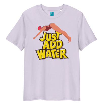 Lavender organic funny swim shirt with bold yellow “Just Add Water” text and diver graphic, eco-friendly funny shirt for swimmers and swim parents
