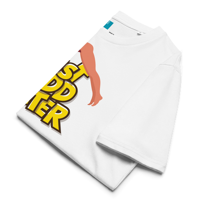 Folded white organic funny swim shirt with bold yellow “Just Add Water” text and diver graphic, eco-friendly funny shirt for swimmers and swim parents