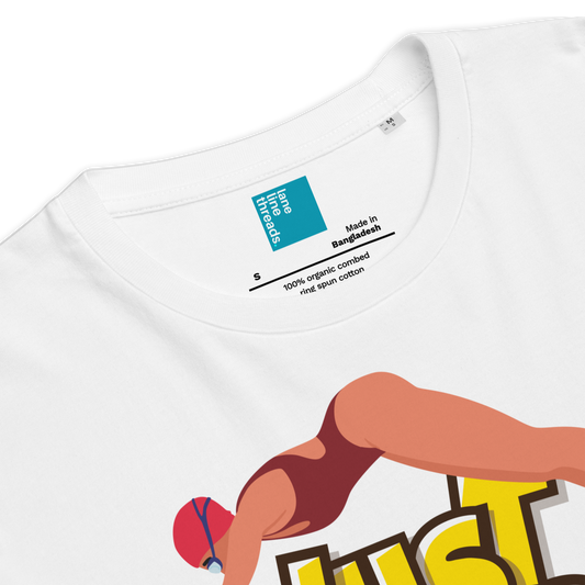 White t-shirt with cartoon graphic and label on a white background