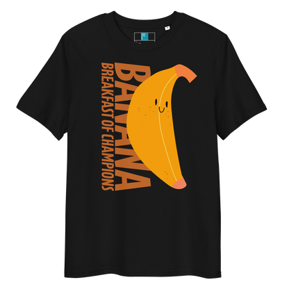 Black organic funny swim shirt with a cute smiling banana and the text ‘Banana Breakfast of Champions’ – eco-friendly, soft, and gentle for post-swim skin.