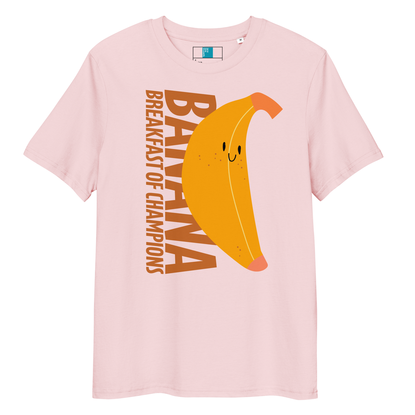 Pink organic funny swim shirt with a cute smiling banana and the text ‘Banana Breakfast of Champions’ – eco-friendly, soft, and gentle for post-swim skin.