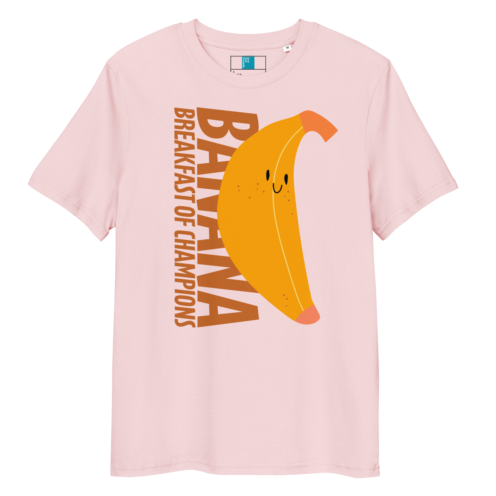 Pink organic funny swim shirt with a cute smiling banana and the text ‘Banana Breakfast of Champions’ – eco-friendly, soft, and gentle for post-swim skin.