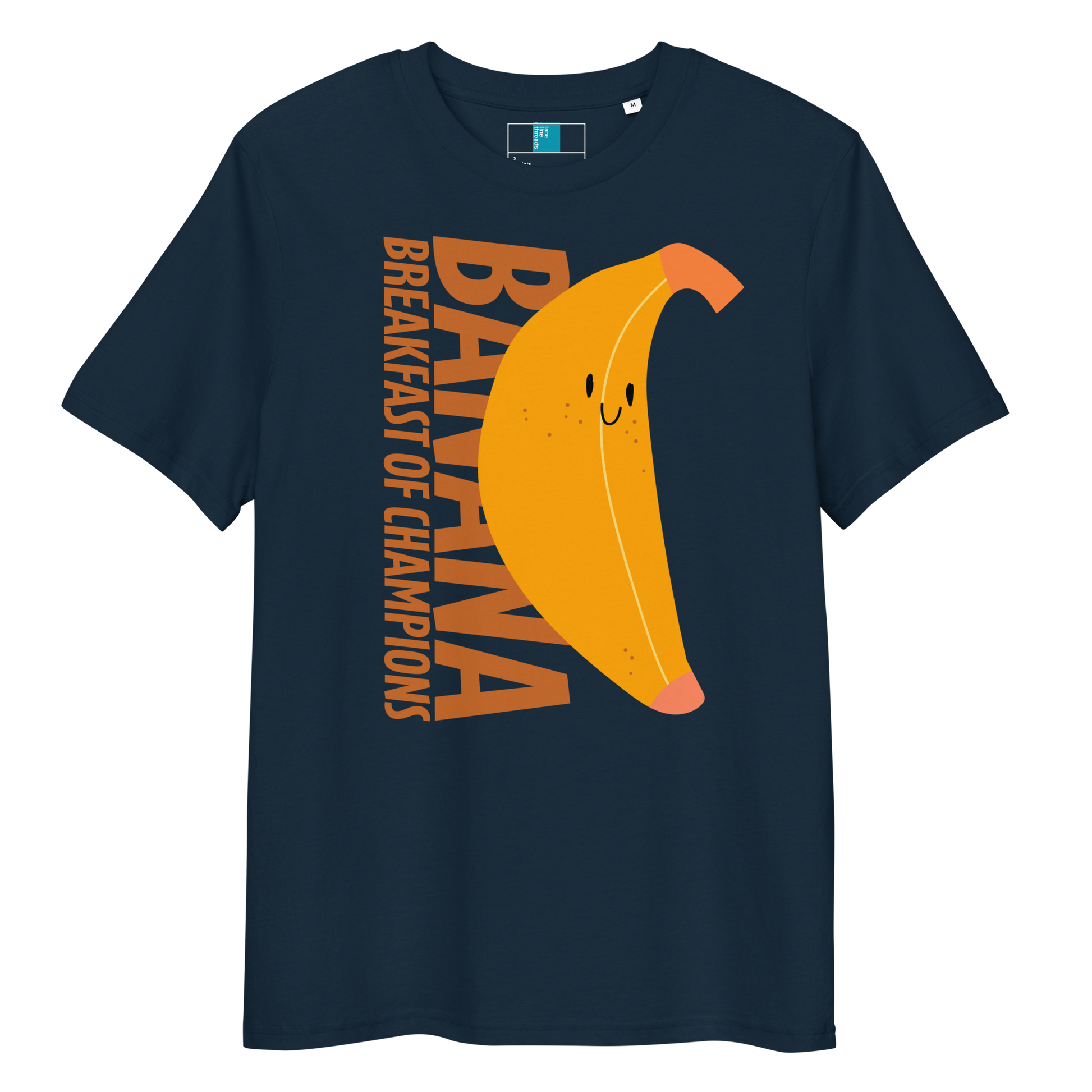 Navy organic funny swim shirt with a cute smiling banana and the text ‘Banana Breakfast of Champions’ – eco-friendly, soft, and gentle for post-swim skin.