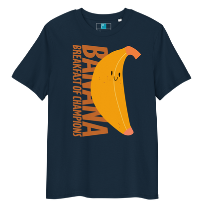 Navy organic funny swim shirt with a cute smiling banana and the text ‘Banana Breakfast of Champions’ – eco-friendly, soft, and gentle for post-swim skin.