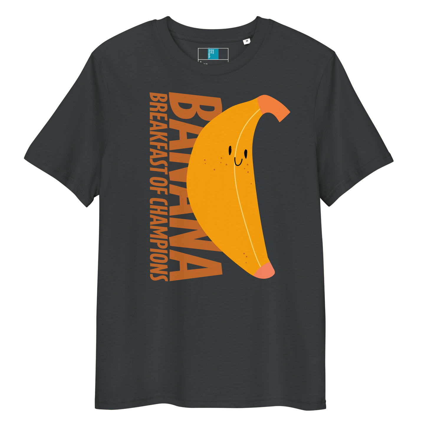 Grey organic funny swim shirt with a cute smiling banana and the text ‘Banana Breakfast of Champions’ – eco-friendly, soft, and gentle for post-swim skin.