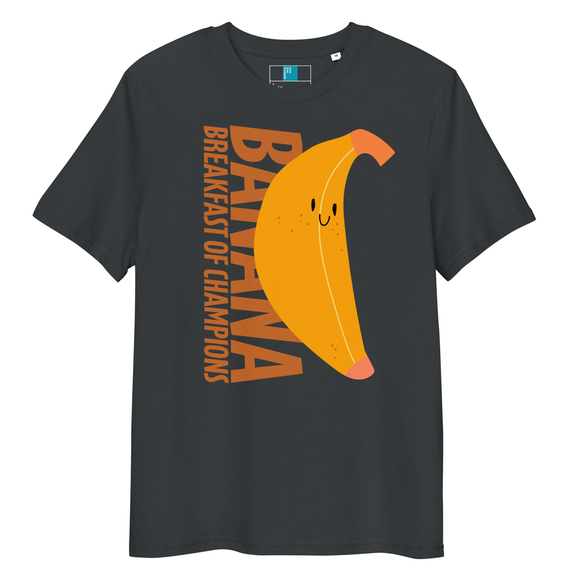 Grey organic funny swim shirt with a cute smiling banana and the text ‘Banana Breakfast of Champions’ – eco-friendly, soft, and gentle for post-swim skin.