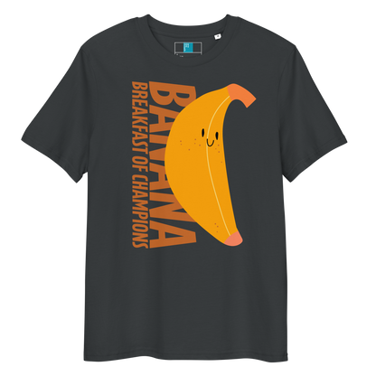 Grey organic funny swim shirt with a cute smiling banana and the text ‘Banana Breakfast of Champions’ – eco-friendly, soft, and gentle for post-swim skin.