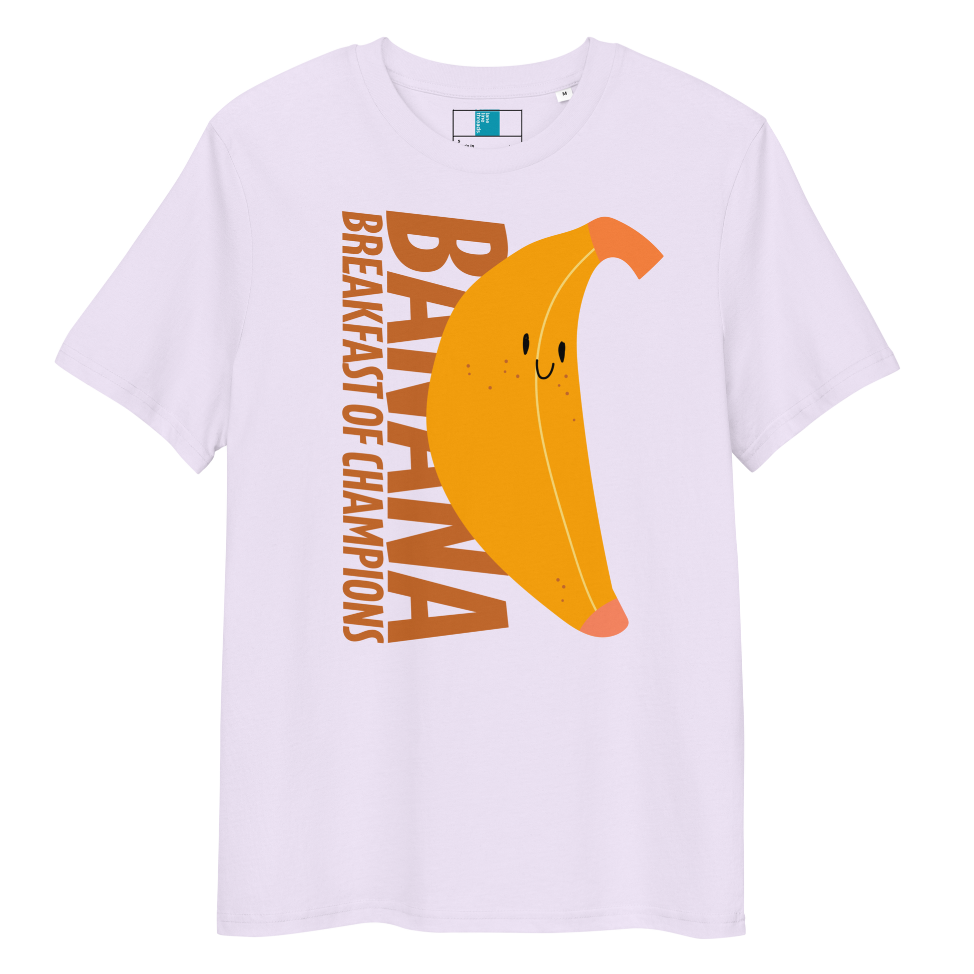 Lavender organic funny swim shirt with a cute smiling banana and the text ‘Banana Breakfast of Champions’ – eco-friendly, soft, and gentle for post-swim skin.