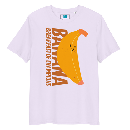 Lavender organic funny swim shirt with a cute smiling banana and the text ‘Banana Breakfast of Champions’ – eco-friendly, soft, and gentle for post-swim skin.