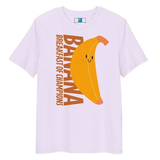 Lavender organic funny swim shirt with a cute smiling banana and the text ‘Banana Breakfast of Champions’ – eco-friendly, soft, and gentle for post-swim skin.