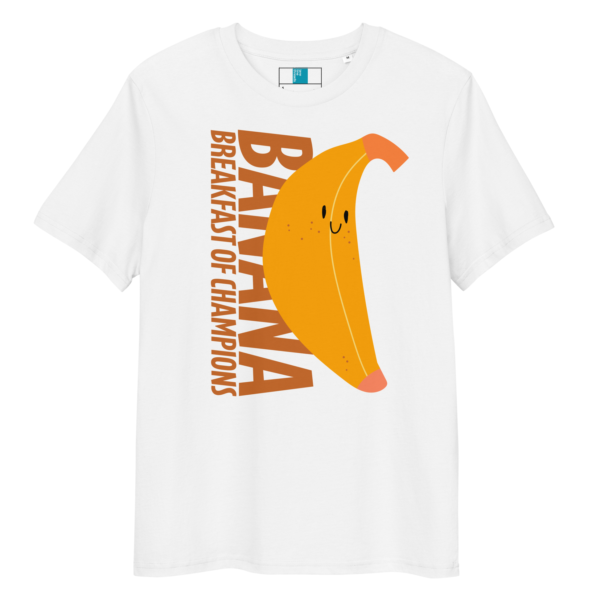 White organic funny swim shirt with a cute smiling banana and the text ‘Banana Breakfast of Champions’ – eco-friendly, soft, and gentle for post-swim skin.