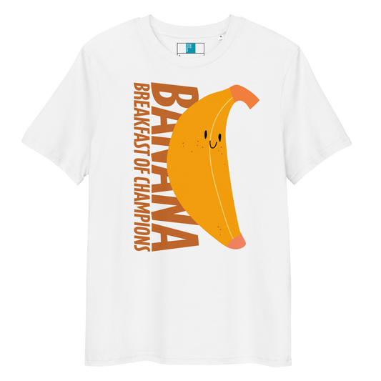 White organic funny swim shirt with a cute smiling banana and the text ‘Banana Breakfast of Champions’ – eco-friendly, soft, and gentle for post-swim skin.