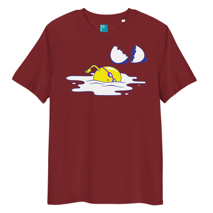 Burgundy organic funny swim shirt with cartoon egg swimmer design, eco-friendly biodegradable cotton tee for swimmers