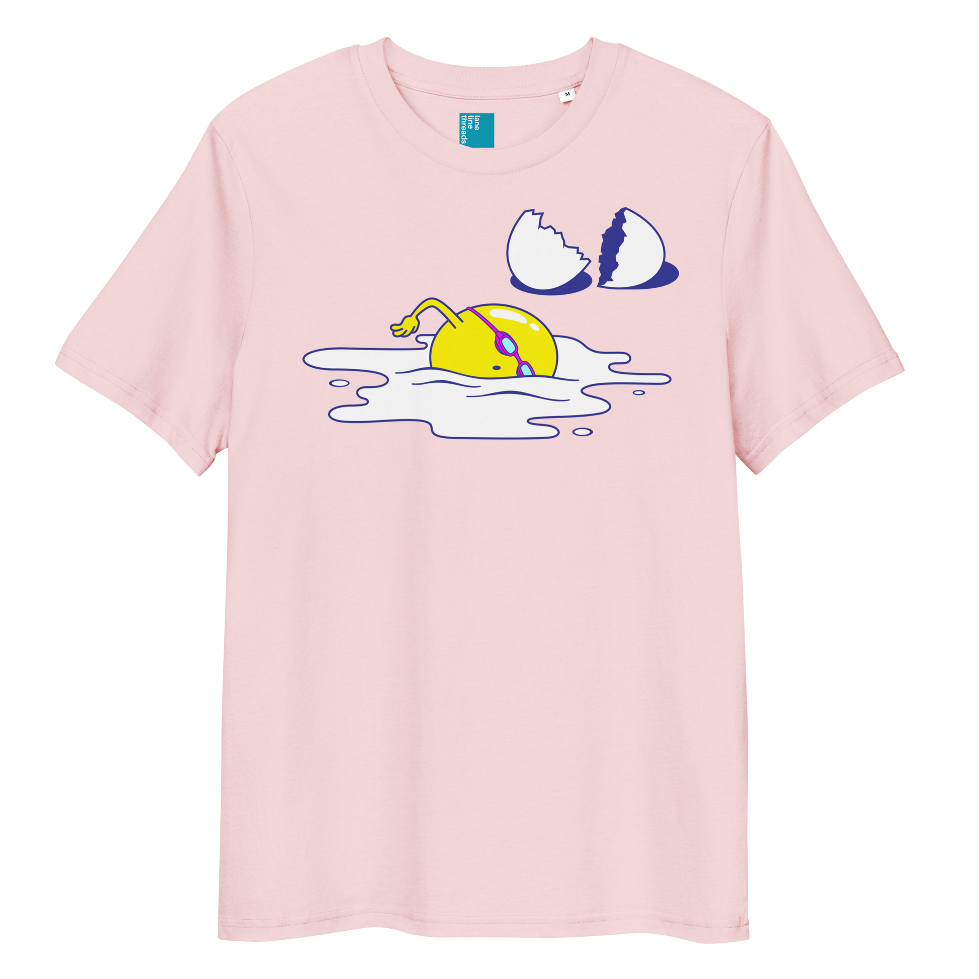 Pink organic funny swim shirt with cartoon egg swimmer design, eco-friendly biodegradable cotton tee for swimmers