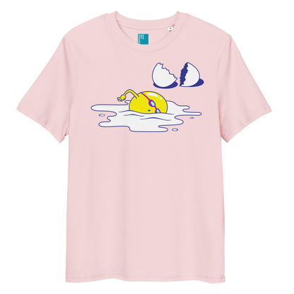 Pink organic funny swim shirt with cartoon egg swimmer design, eco-friendly biodegradable cotton tee for swimmers