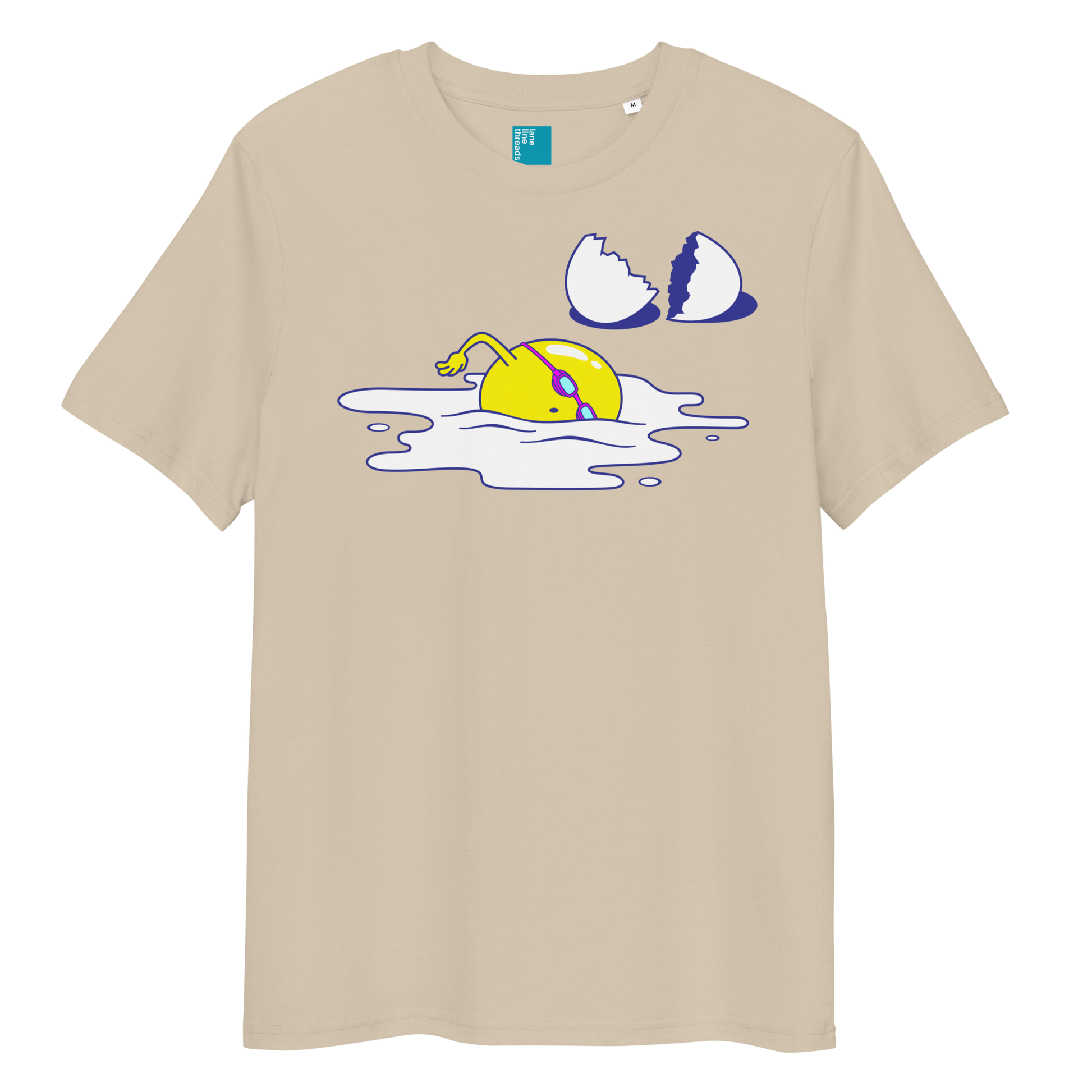 Beige organic funny swim shirt with cartoon egg swimmer design, eco-friendly biodegradable cotton tee for swimmers