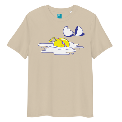 Beige organic funny swim shirt with cartoon egg swimmer design, eco-friendly biodegradable cotton tee for swimmers