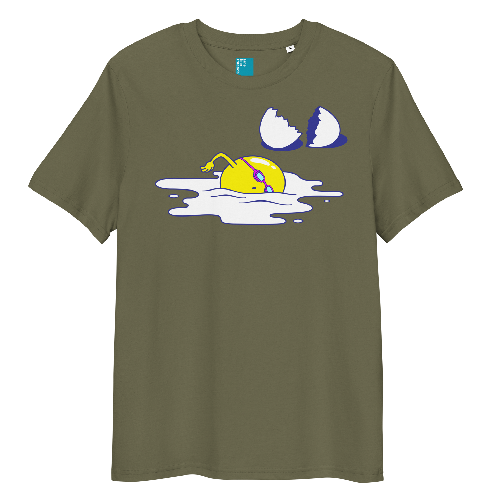 Khaki organic funny swim shirt with cartoon egg swimmer design, eco-friendly biodegradable cotton tee for swimmers