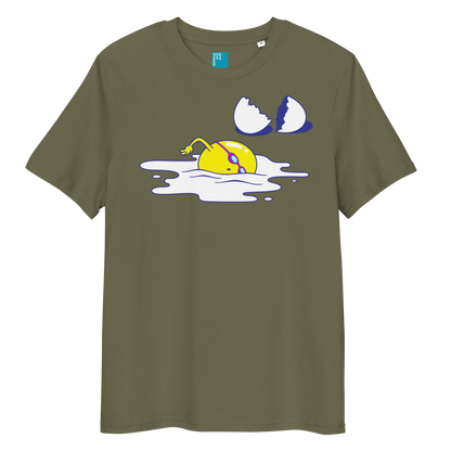 Khaki organic funny swim shirt with cartoon egg swimmer design, eco-friendly biodegradable cotton tee for swimmers