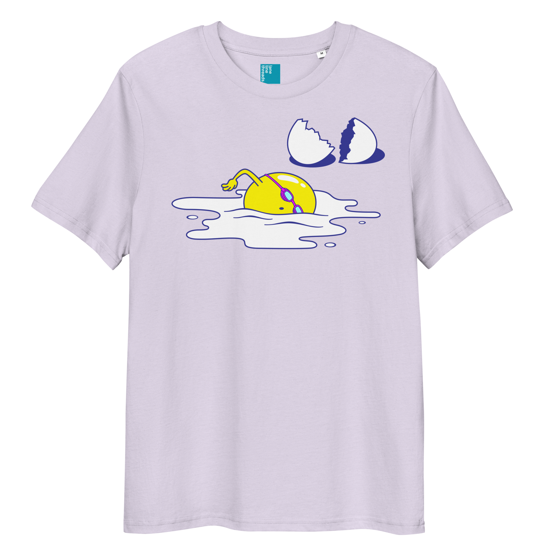 Lavender organic funny swim shirt with cartoon egg swimmer design, eco-friendly biodegradable cotton tee for swimmers